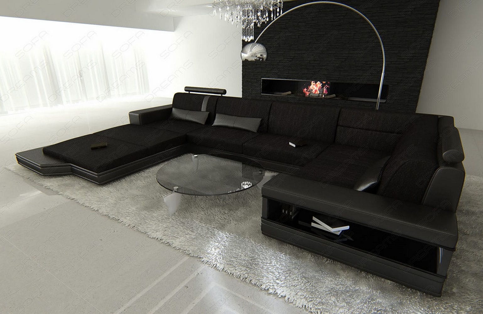 Stoff Wohnlandschaft Messana U-Form Schwarz-Schwarz
