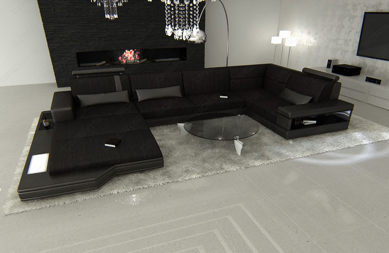 Stoff Wohnlandschaft Messana U-Form Schwarz-Schwarz
