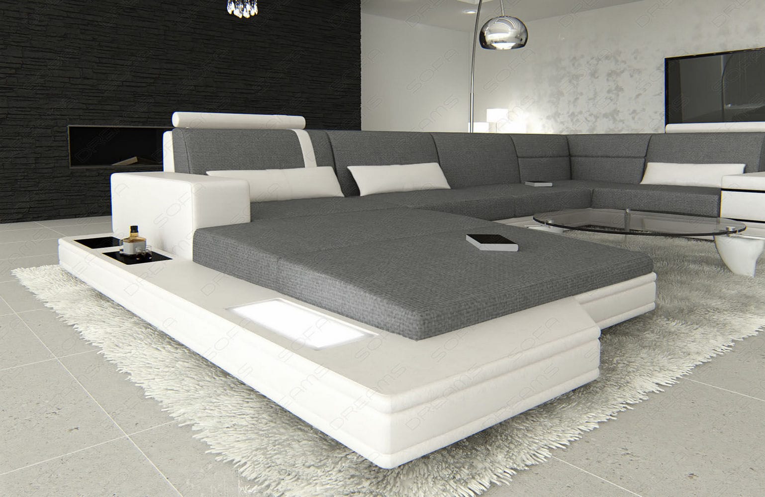 Stoff Wohnlandschaft Messana U-Form grau-weiß