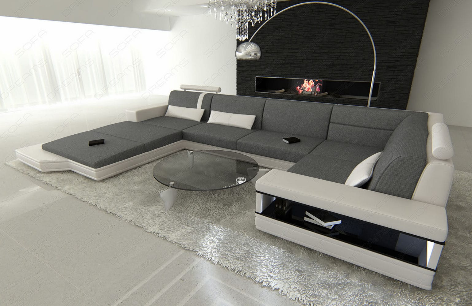 Stoff Wohnlandschaft Messana U-Form grau-weiß