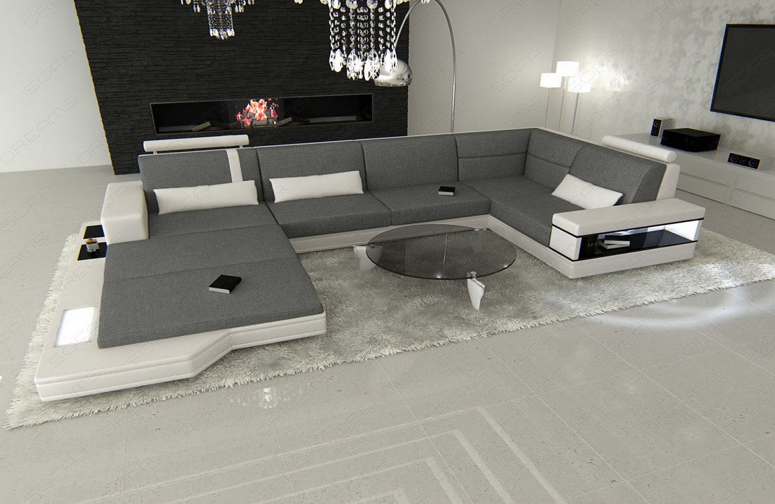 Stoff Wohnlandschaft Messana U-Form grau-weiß
