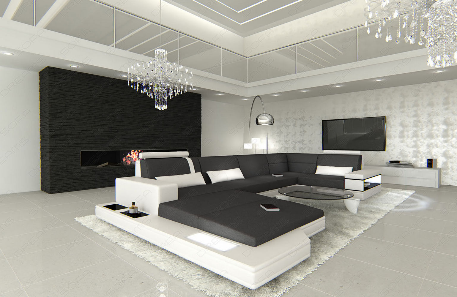 Stoff-Wohnlandschaft Messana U-Form Materialmix Dunkelgrau-Weiß