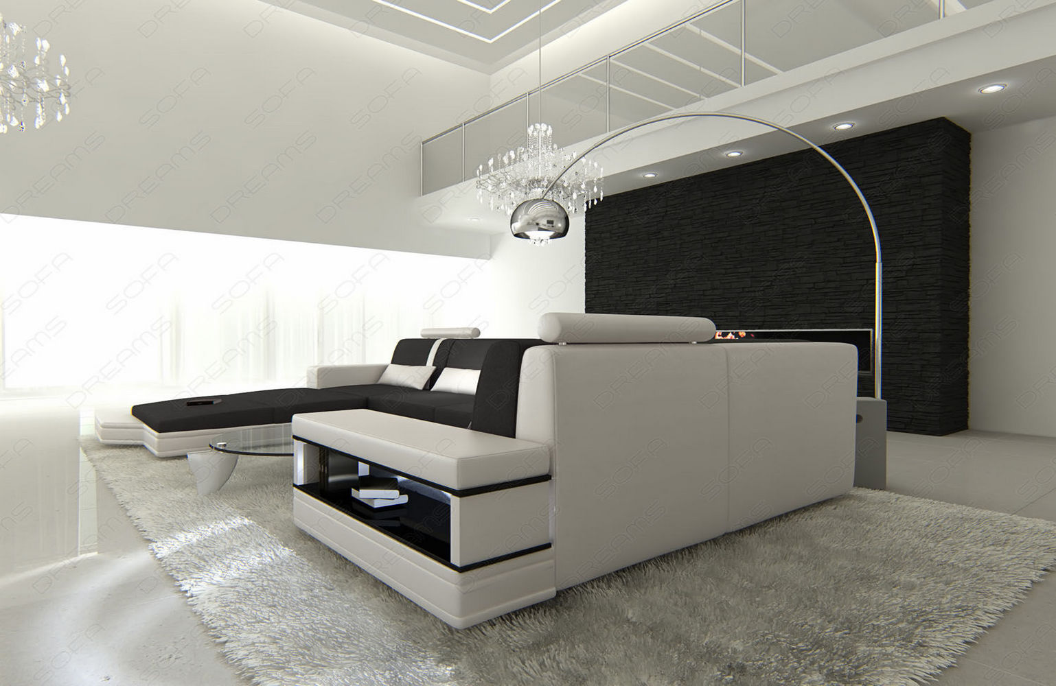 Stoff-Wohnlandschaft Messana U-Form Materialmix Dunkelgrau-Weiß
