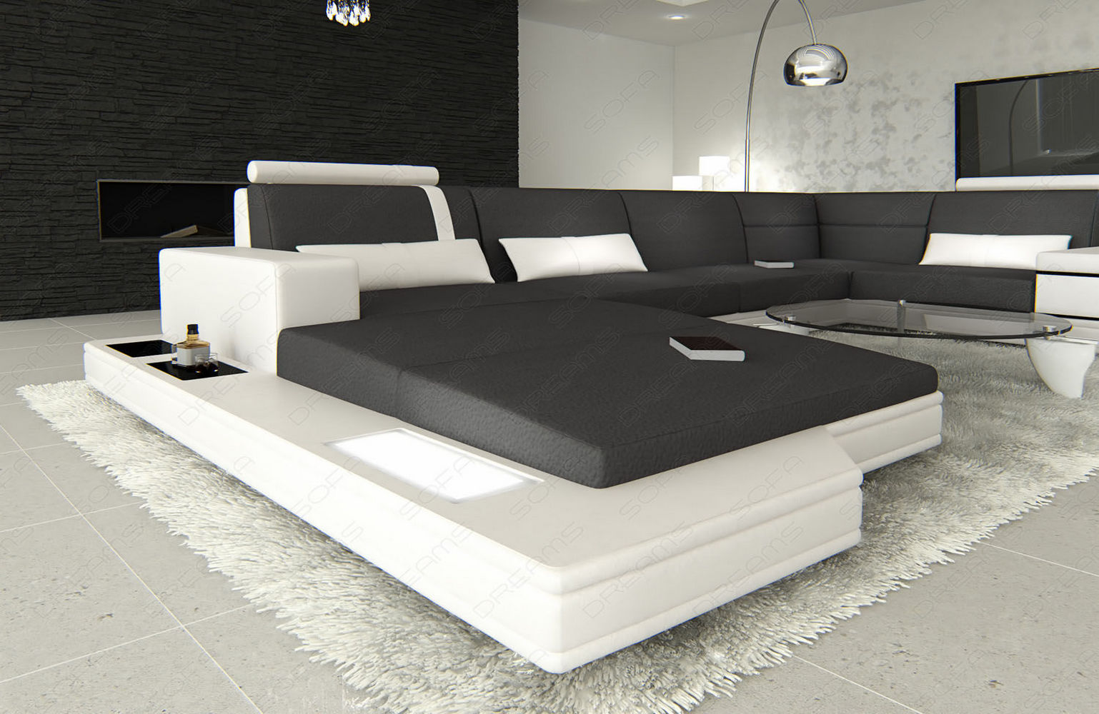 Stoff-Wohnlandschaft Messana U-Form Materialmix Dunkelgrau-Weiß