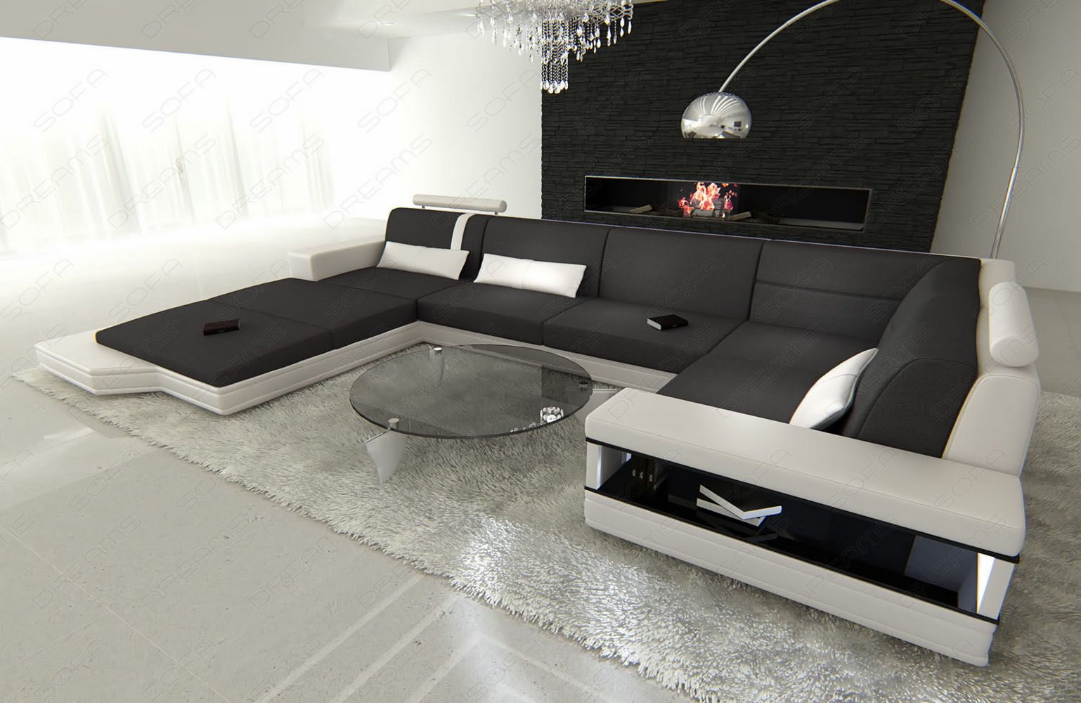 Stoff-Wohnlandschaft Messana U-Form Materialmix Dunkelgrau-Weiß