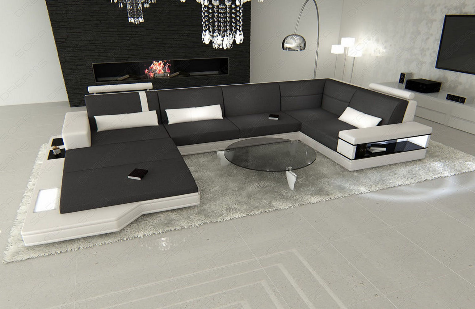 Stoff-Wohnlandschaft Messana U-Form Materialmix Dunkelgrau-Weiß