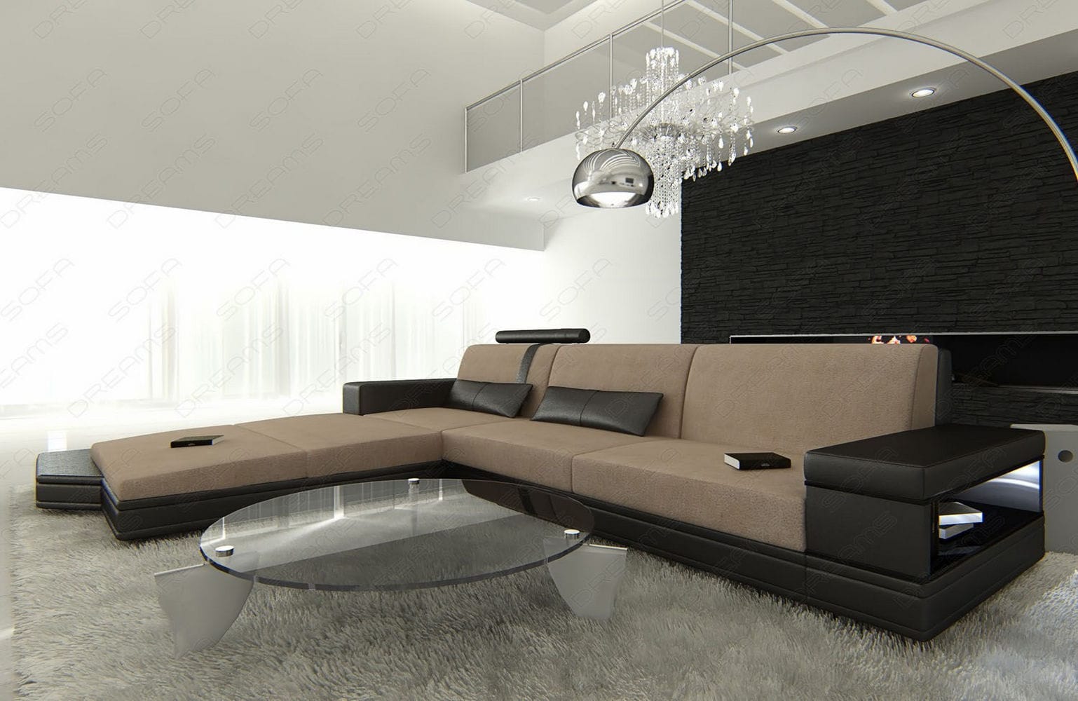Stoffsofa Messana L-Form – Komfort & Design Cappuccino-Schwarz