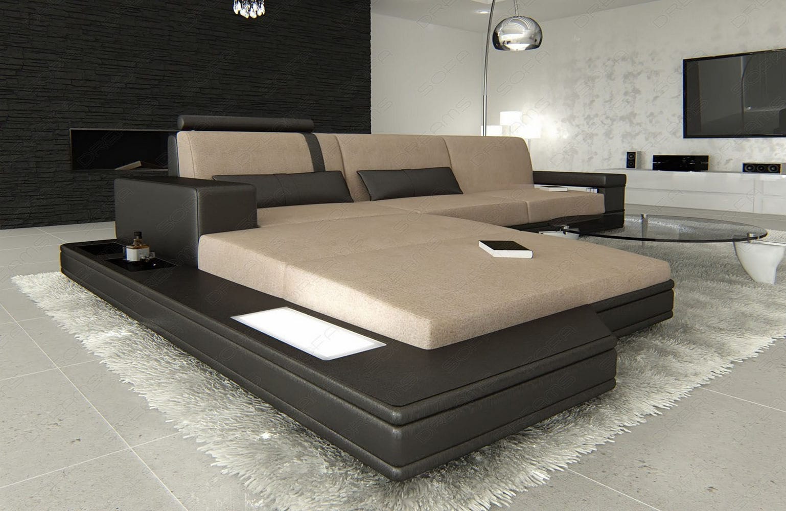 Stoffsofa Messana L-Form – Komfort & Design Cappuccino-Schwarz
