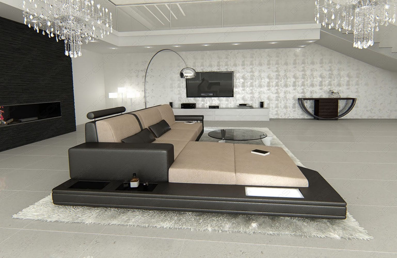 Stoffsofa Messana L-Form – Komfort & Design Cappuccino-Schwarz