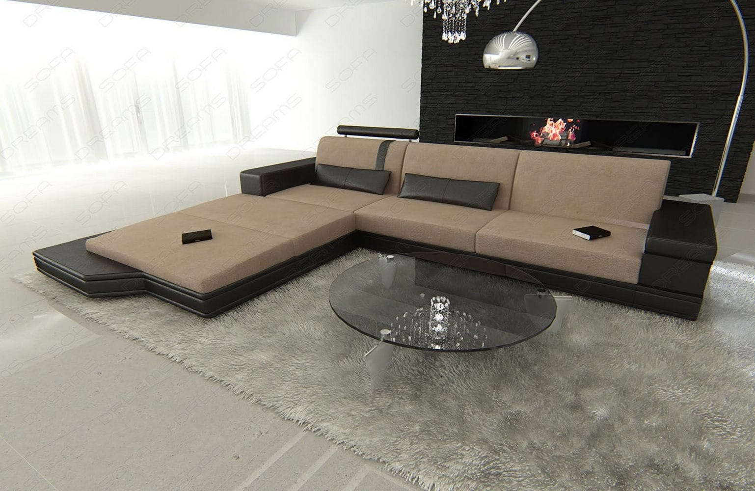 Stoffsofa Messana L-Form – Komfort & Design Cappuccino-Schwarz