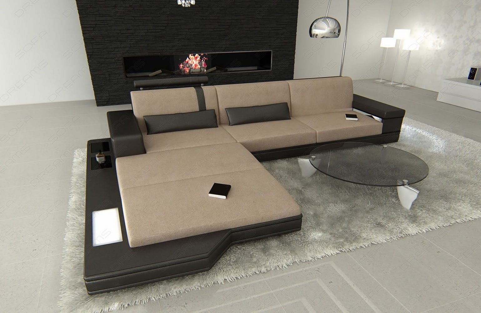 Stoffsofa Messana L-Form – Komfort & Design Cappuccino-Schwarz