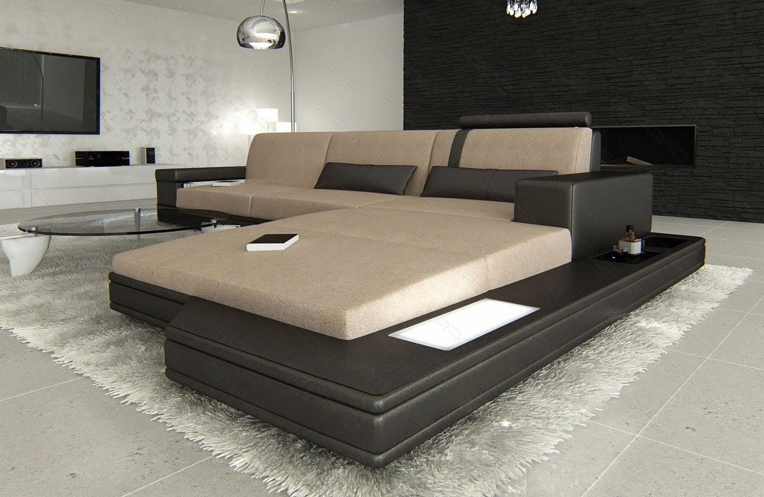 Stoffsofa Messana L-Form – Komfort & Design Cappuccino-Schwarz
