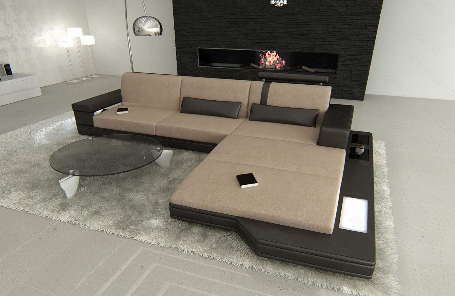 Stoffsofa Messana L-Form – Komfort & Design Cappuccino-Schwarz