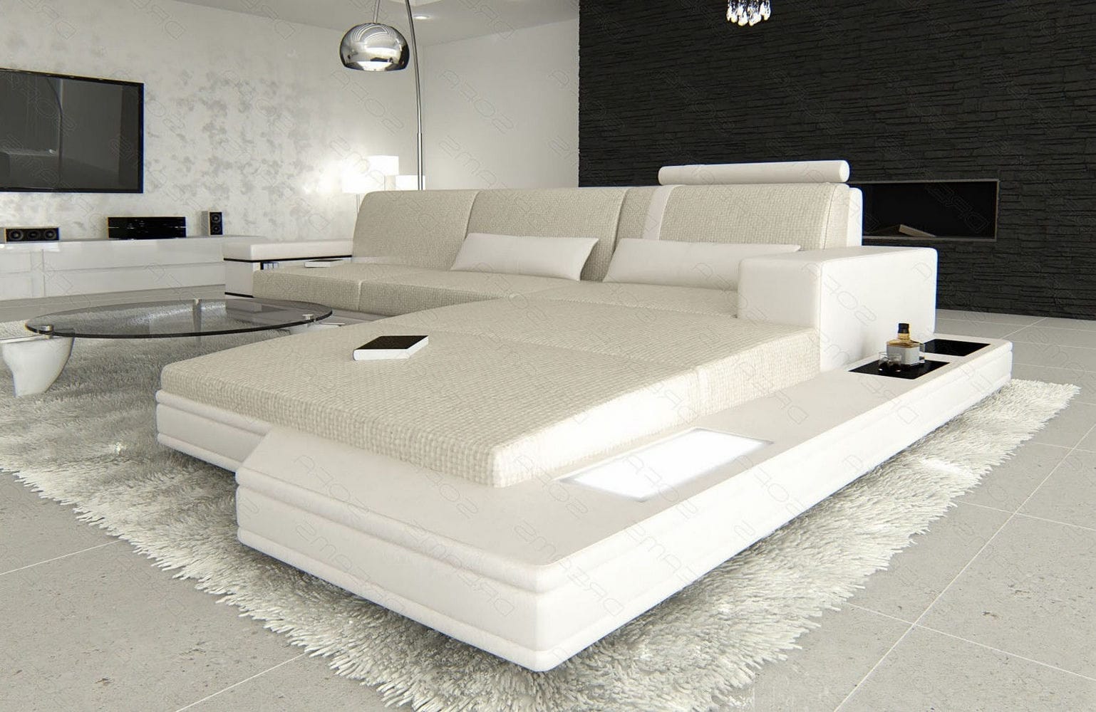Stoffsofa Messana L-Form – Komfort & Design Elfenbein-Weiß