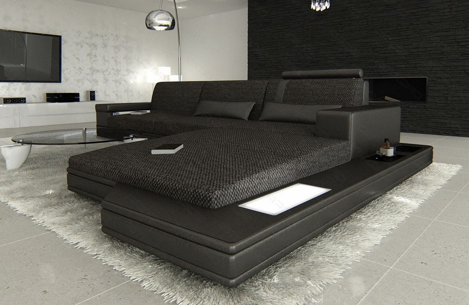 Couch Messana L Form in Stoff schwarzgrau-schwarz