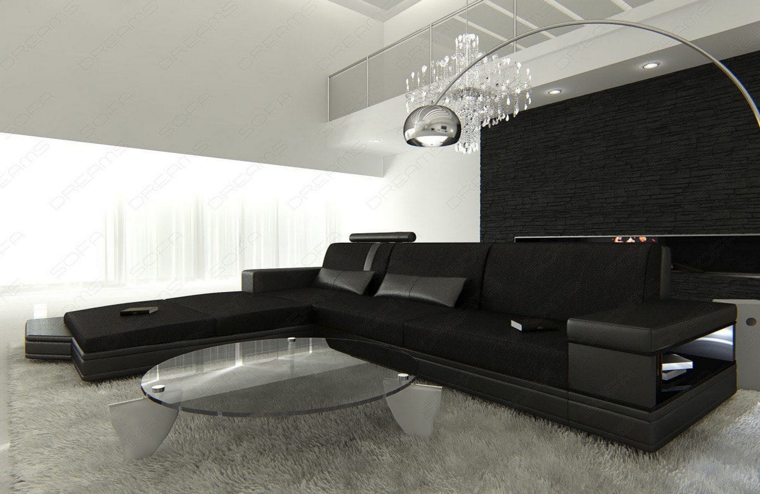 Couch Messana L-Form in Stoff Schwarz-Schwarz