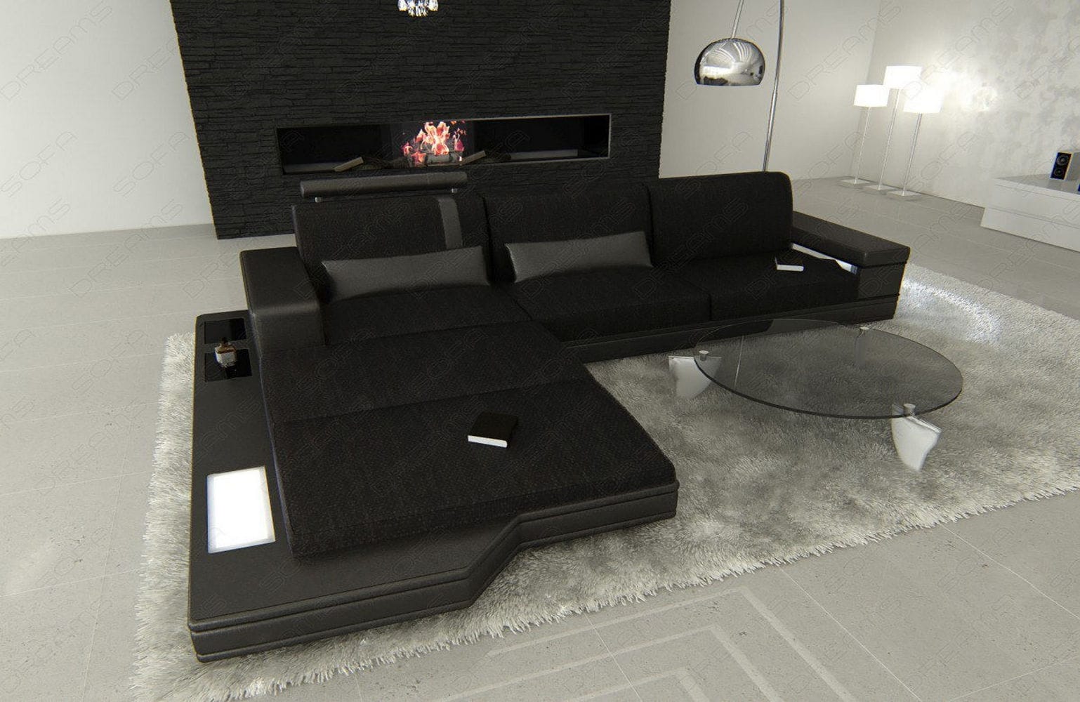 Couch Messana L-Form in Stoff Schwarz-Schwarz