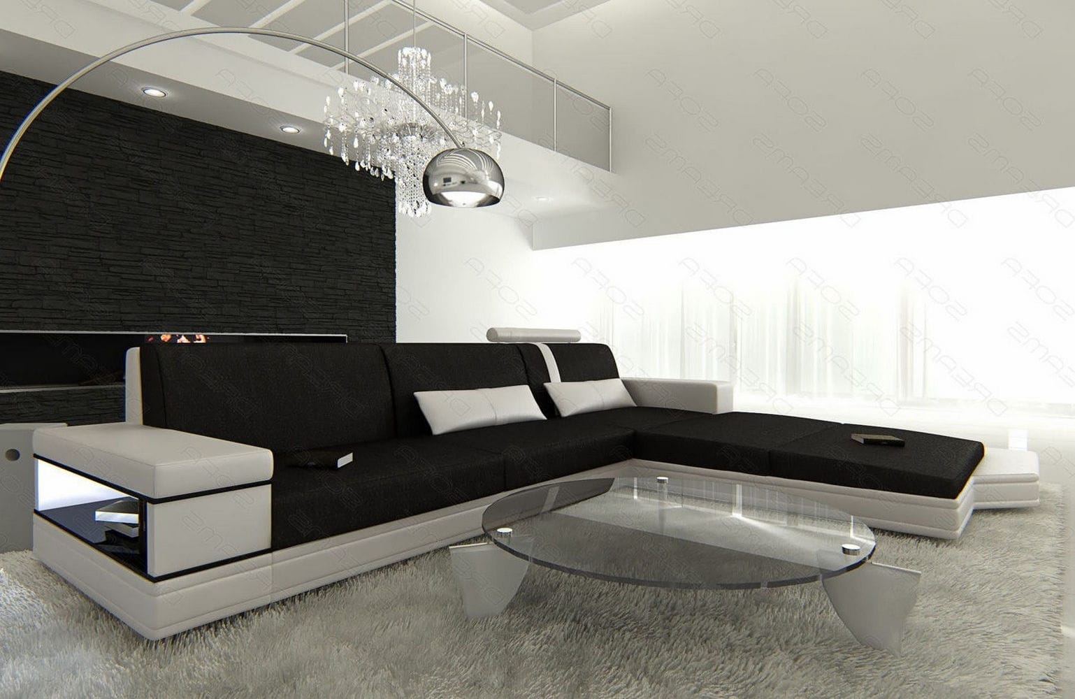 Couch Messana L Form in Stoff schwarz-weiß