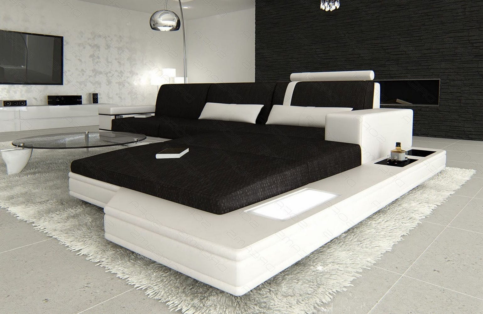 Couch Messana L Form in Stoff schwarz-weiß