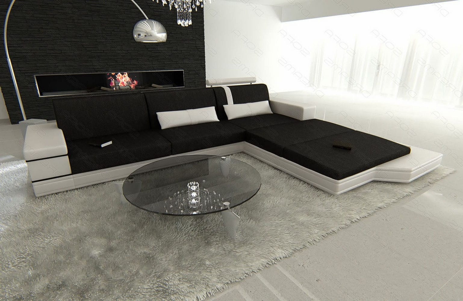 Couch Messana L Form in Stoff schwarz-weiß