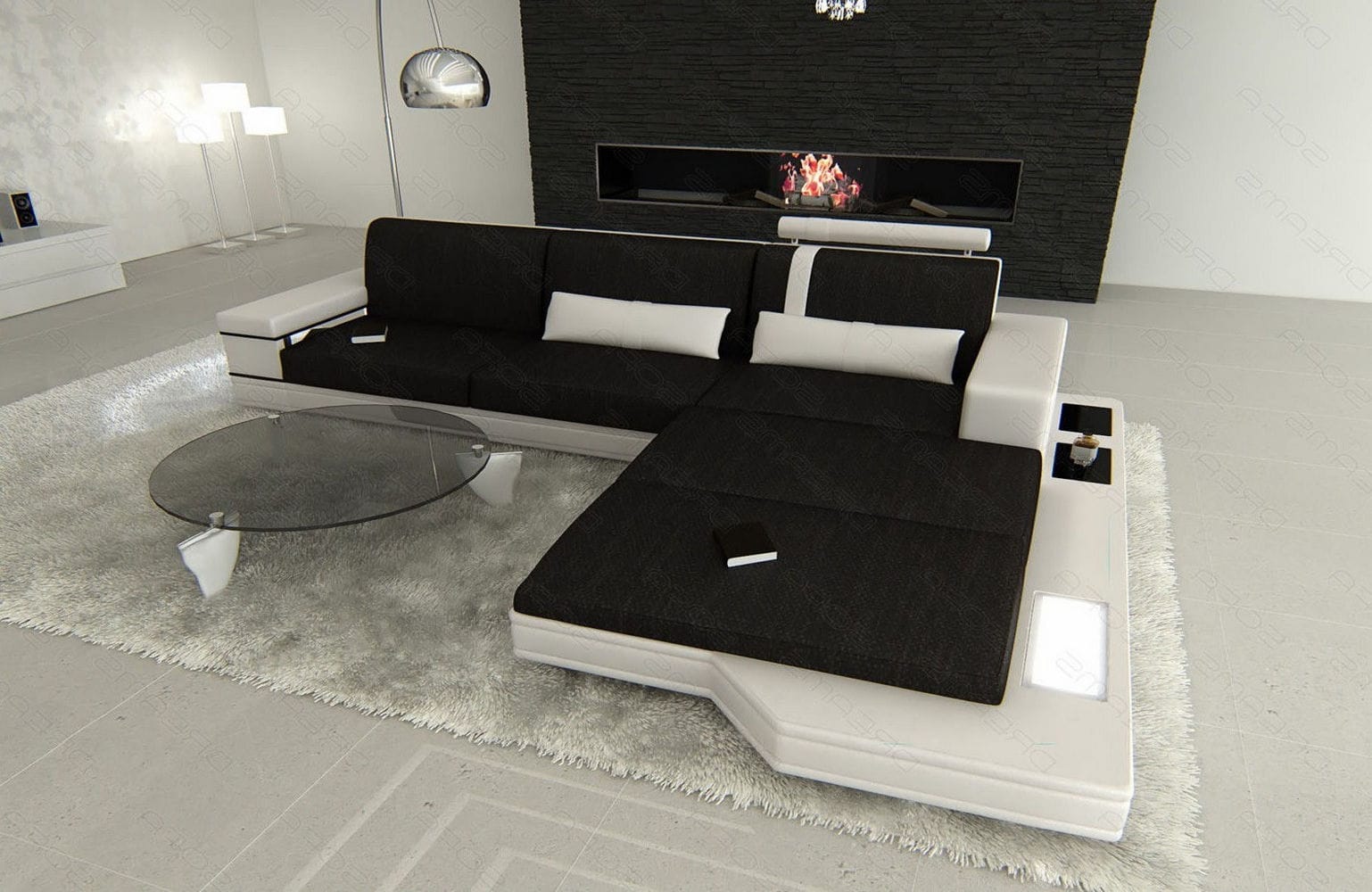 Couch Messana L Form in Stoff schwarz-weiß