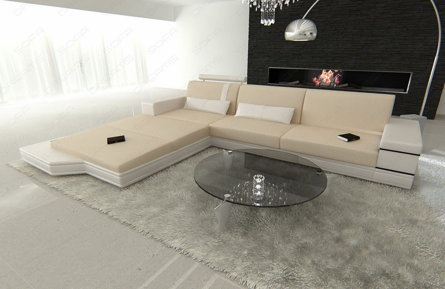Couch Messana L-Form in Stoff Elfenbein-Weiß