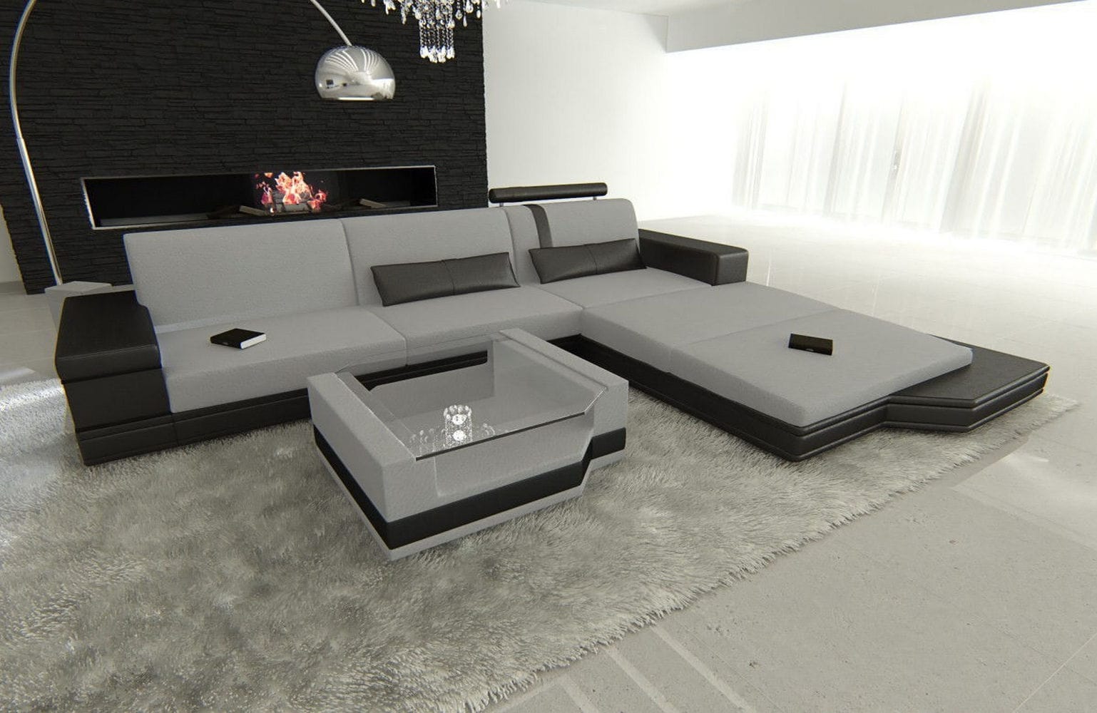 Stoffsofa Messana L-Form – Komfort & Design Hellgrau-Schwarz