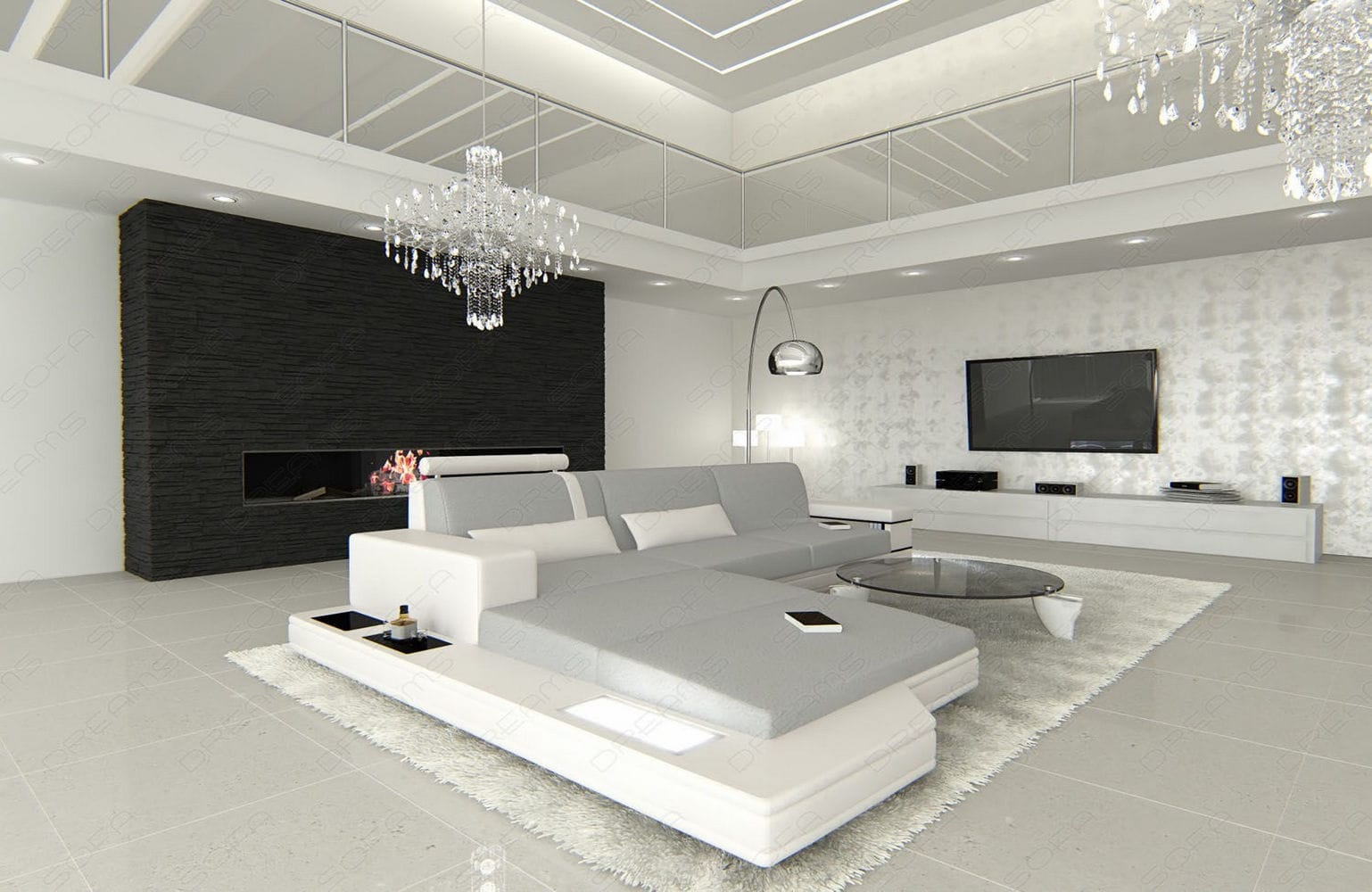 Stoffsofa Messana L-Form – Komfort & Design Hellgrau-Weiß