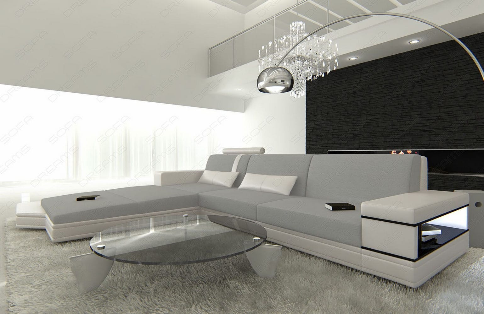 Stoffsofa Messana L-Form – Komfort & Design Hellgrau-Weiß