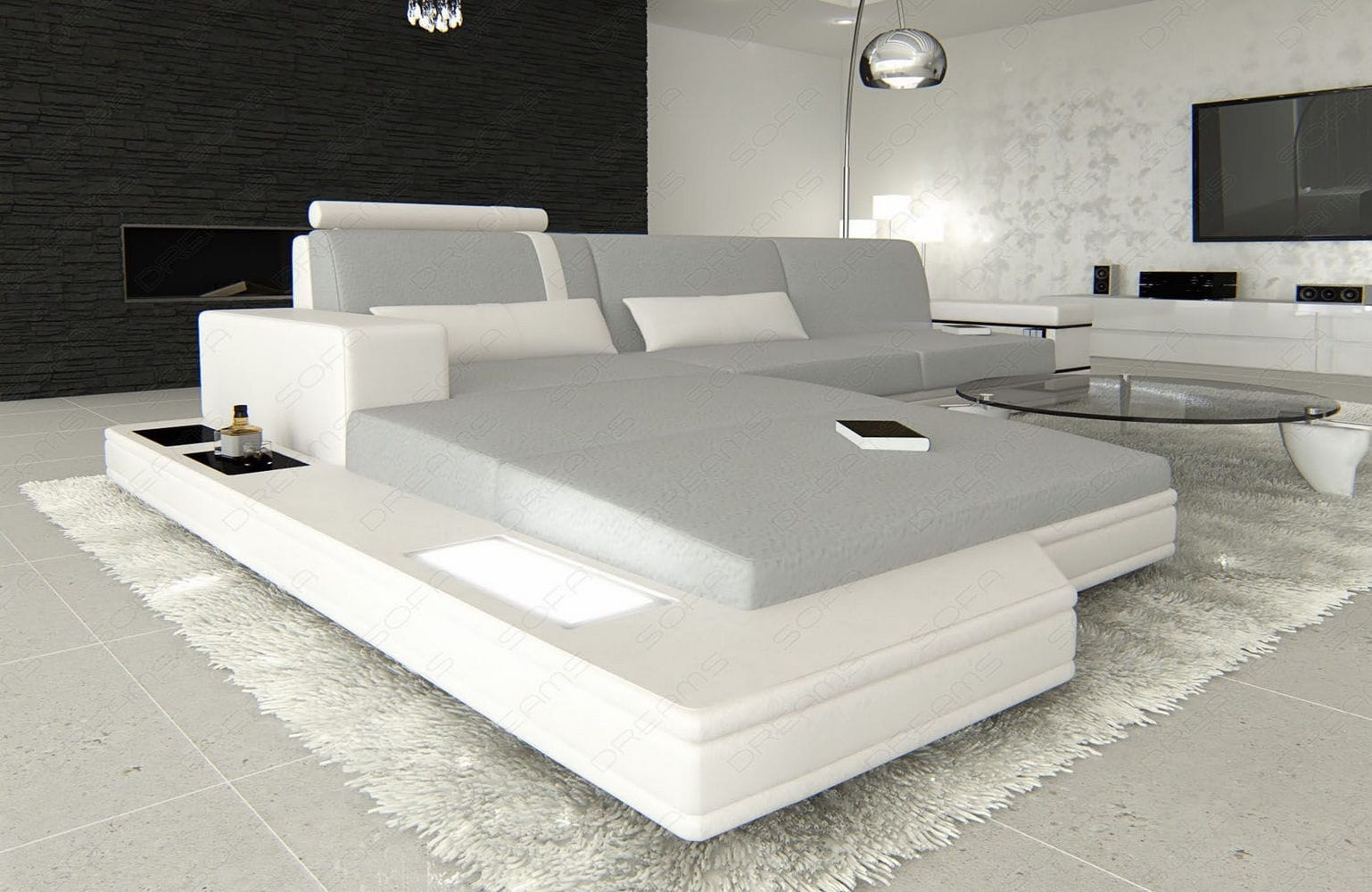 Stoffsofa Messana L-Form – Komfort & Design Hellgrau-Weiß