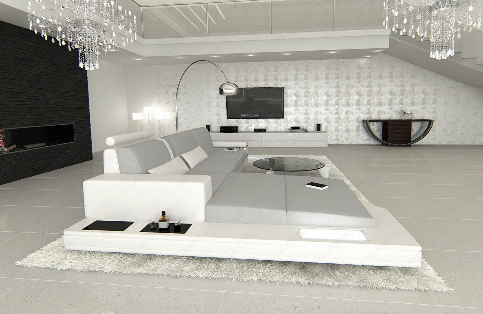 Stoffsofa Messana L-Form – Komfort & Design Hellgrau-Weiß