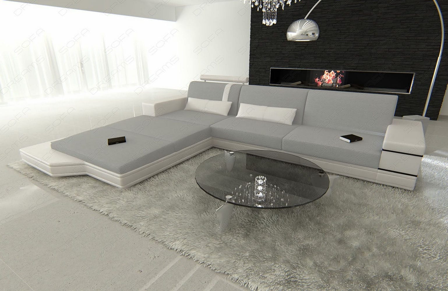 Stoffsofa Messana L-Form – Komfort & Design Hellgrau-Weiß