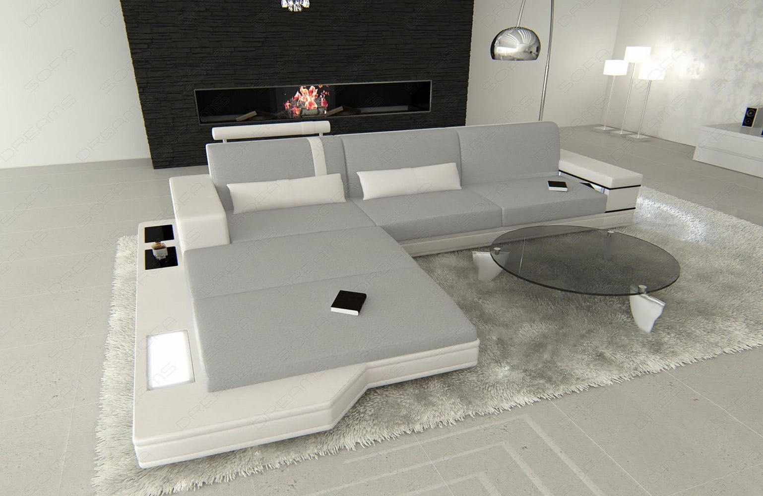Stoffsofa Messana L-Form – Komfort & Design Hellgrau-Weiß