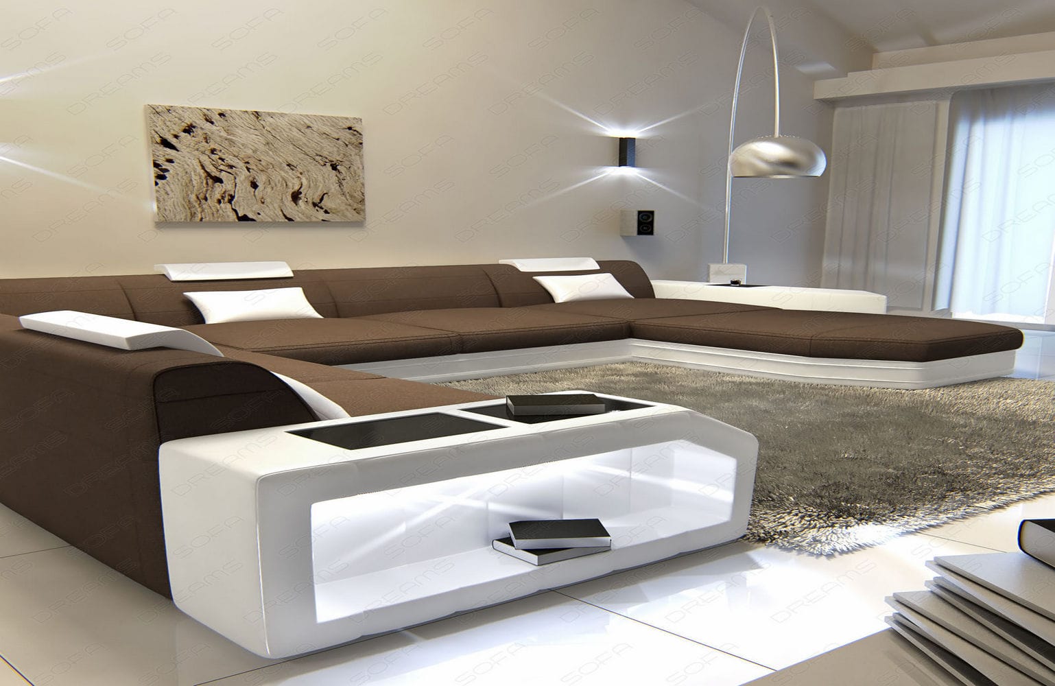 Stoff-Wohnlandschaft Materialmix Prato XXL Hellbraun-Weiß