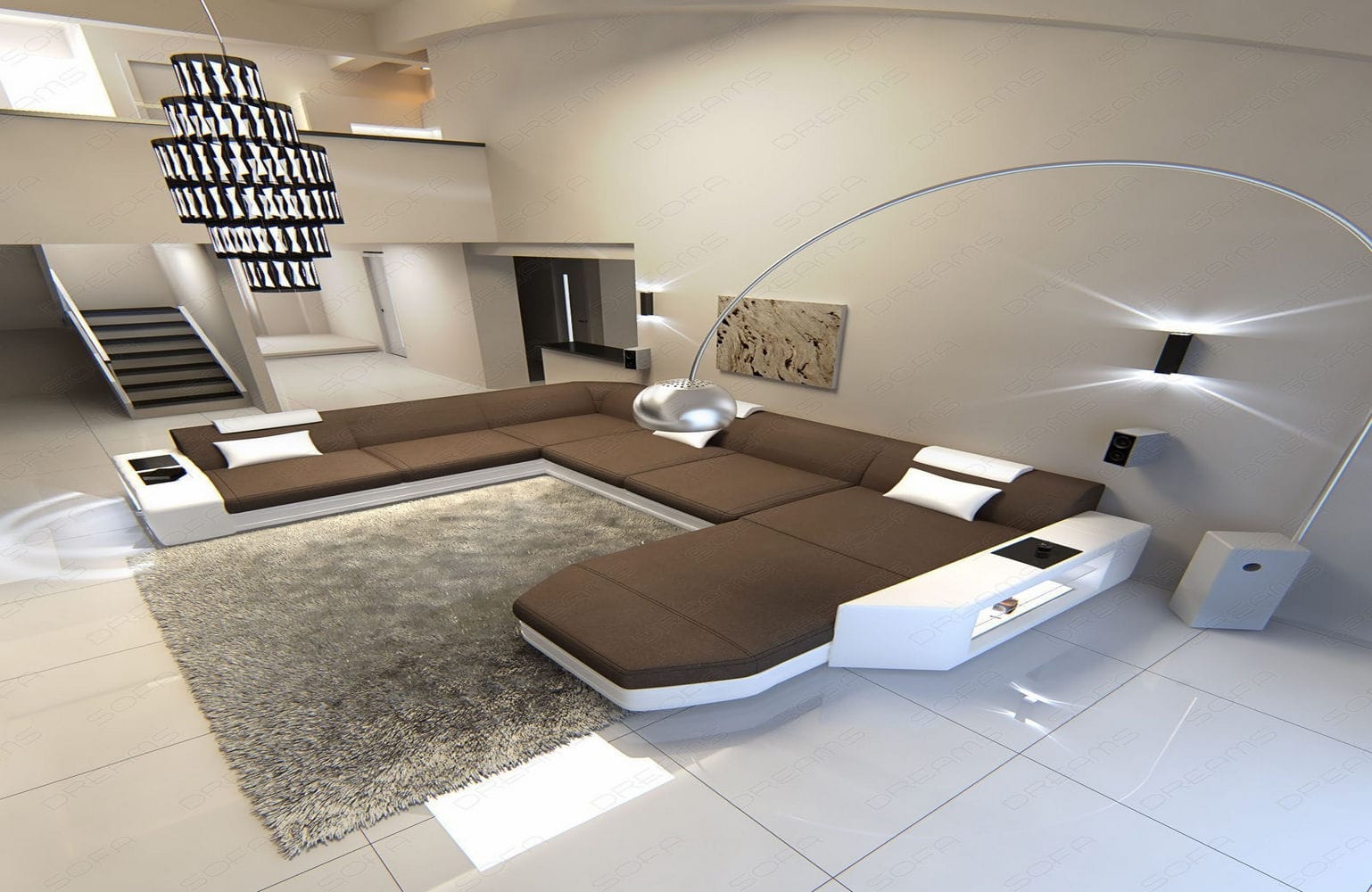 Stoff-Wohnlandschaft Materialmix Prato XXL Hellbraun-Weiß