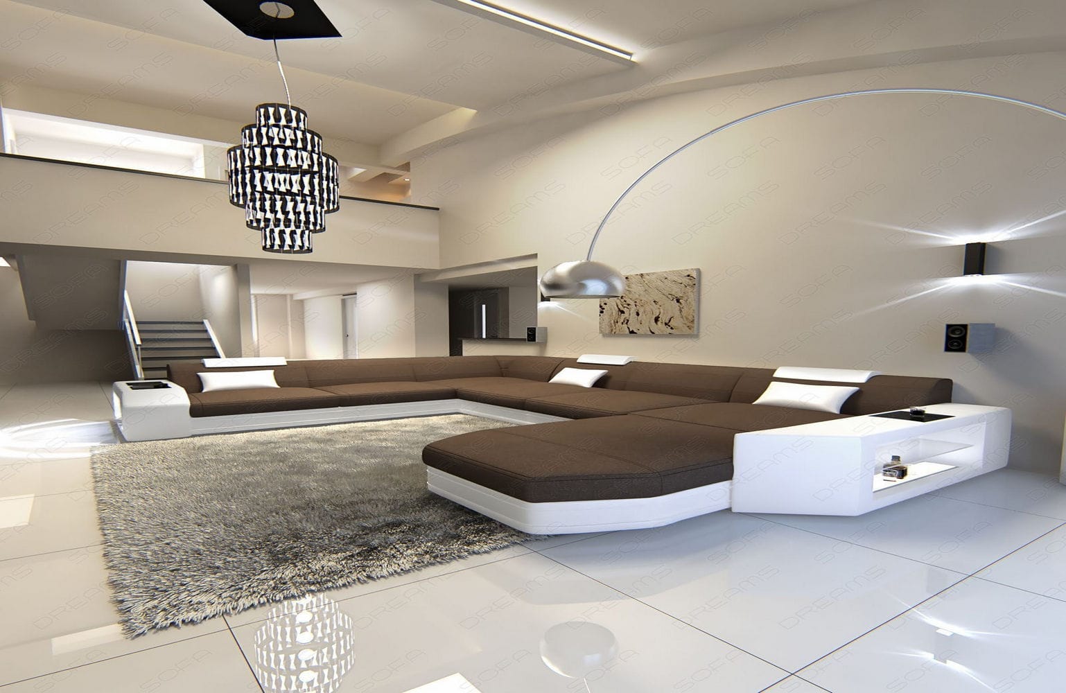 Stoff-Wohnlandschaft Materialmix Prato XXL Hellbraun-Weiß