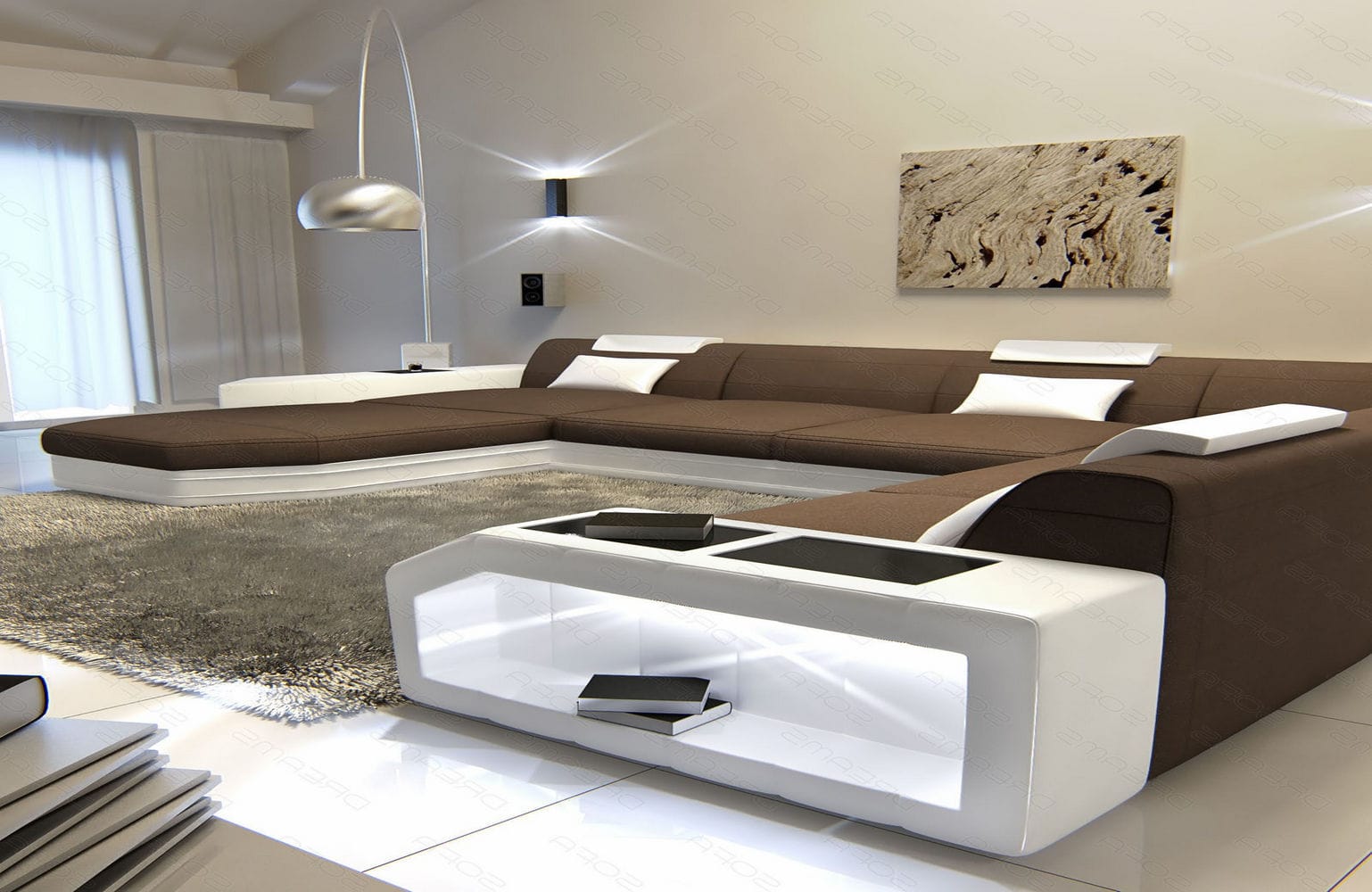 Stoff-Wohnlandschaft Materialmix Prato XXL Hellbraun-Weiß
