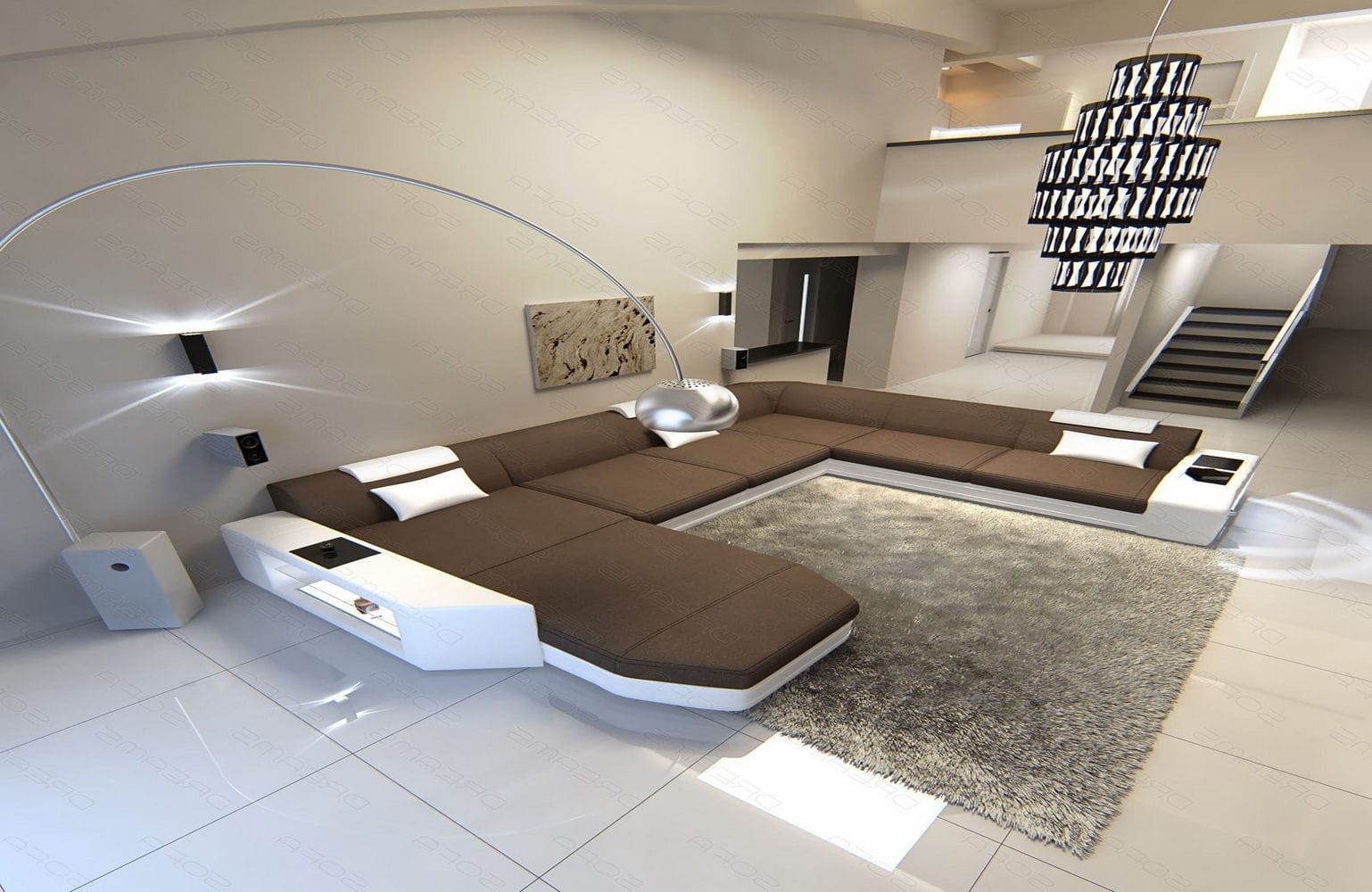 Stoff-Wohnlandschaft Materialmix Prato XXL Hellbraun-Weiß