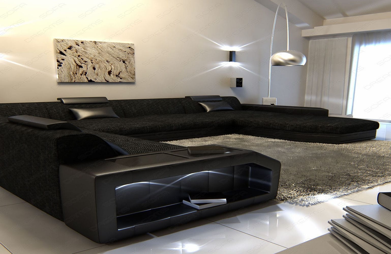 Stoff-Wohnlandschaft Materialmix Prato XXL Schwarz-Schwarz