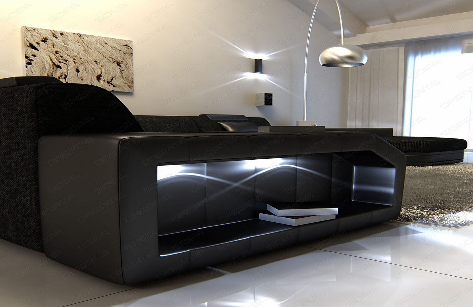 Stoff-Wohnlandschaft Materialmix Prato XXL Schwarz-Schwarz