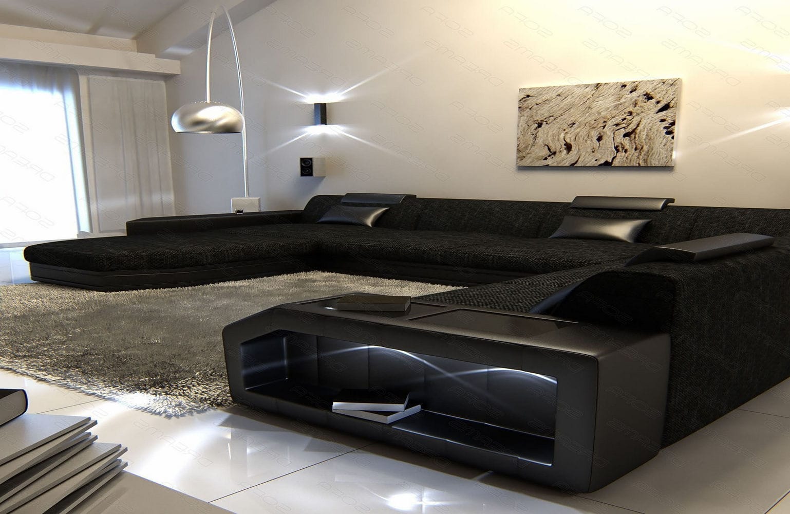 Stoff-Wohnlandschaft Materialmix Prato XXL Schwarz-Schwarz