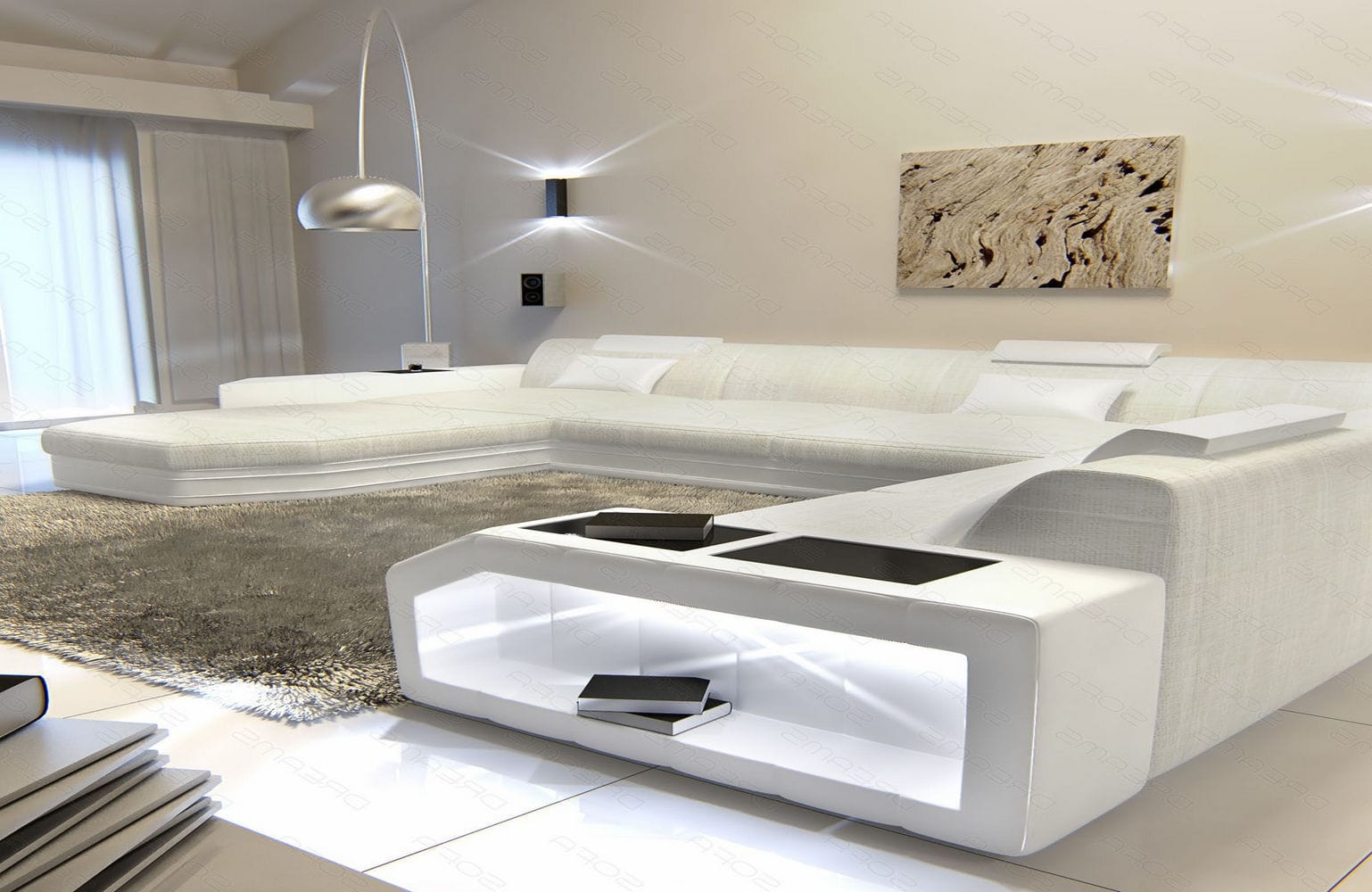 Stoff-Wohnlandschaft Materialmix Prato XXL Macchiato-Weiß