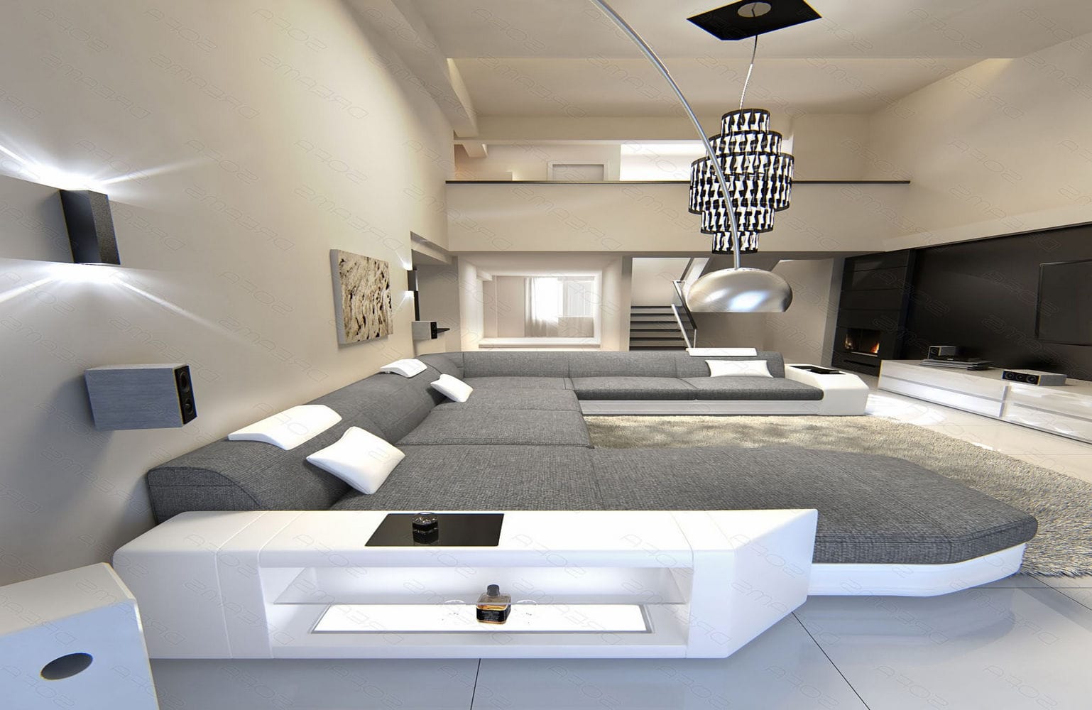 Stoff-Wohnlandschaft Materialmix Prato XXL Grau-Weiß