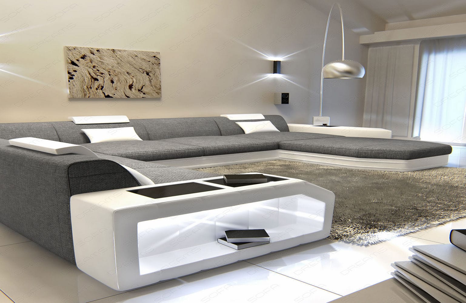 Stoff-Wohnlandschaft Materialmix Prato XXL Grau-Weiß