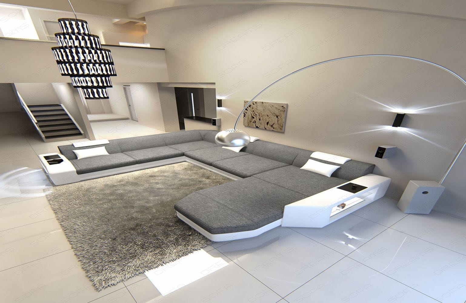 Stoff-Wohnlandschaft Materialmix Prato XXL Grau-Weiß