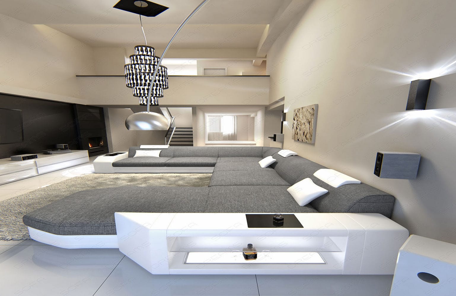 Stoff-Wohnlandschaft Materialmix Prato XXL Grau-Weiß