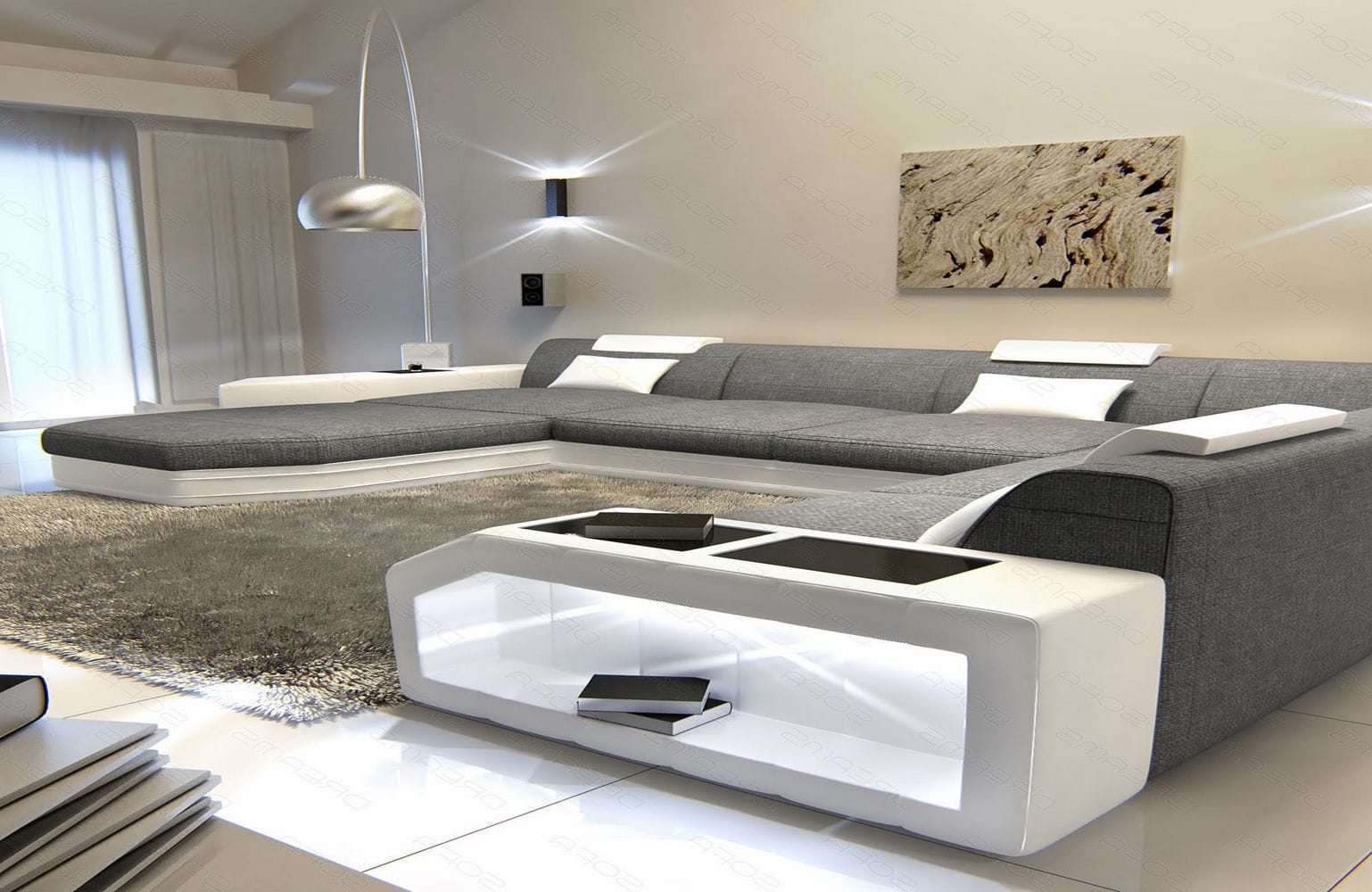 Stoff-Wohnlandschaft Materialmix Prato XXL Grau-Weiß