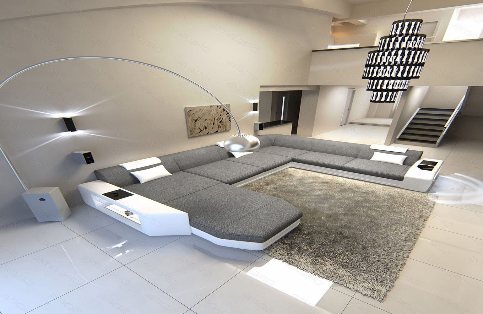 Stoff-Wohnlandschaft Materialmix Prato XXL Grau-Weiß