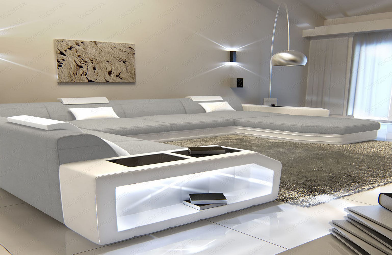 Stoff-Wohnlandschaft Materialmix Prato XXL Hellgrau-Weiß