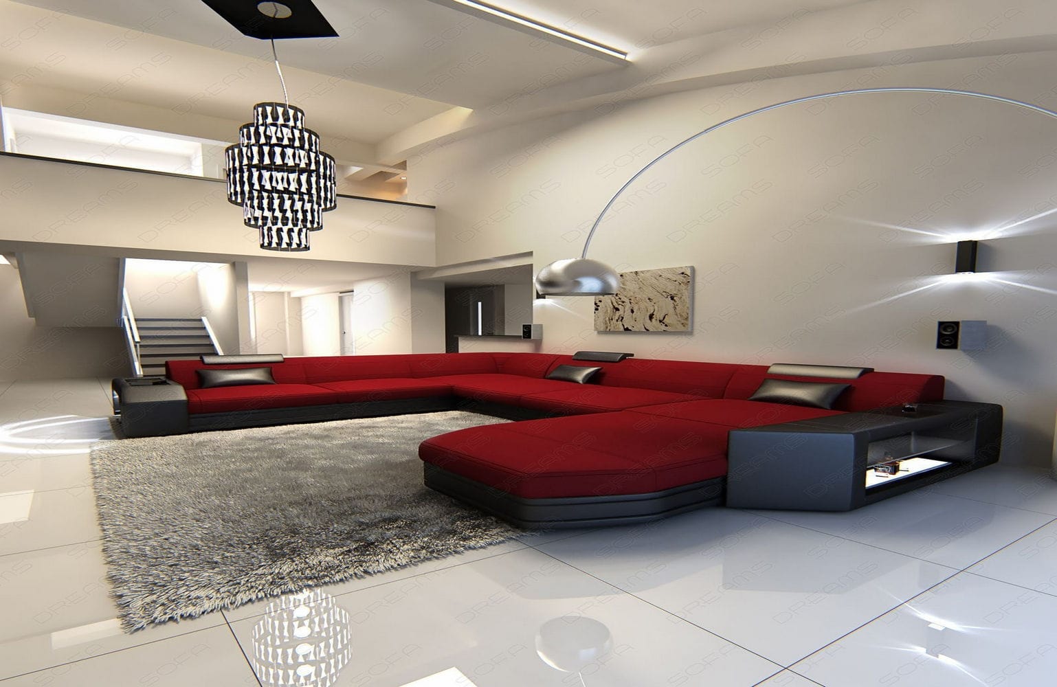 Stoff-Wohnlandschaft Materialmix Prato XXL Rot-Schwarz